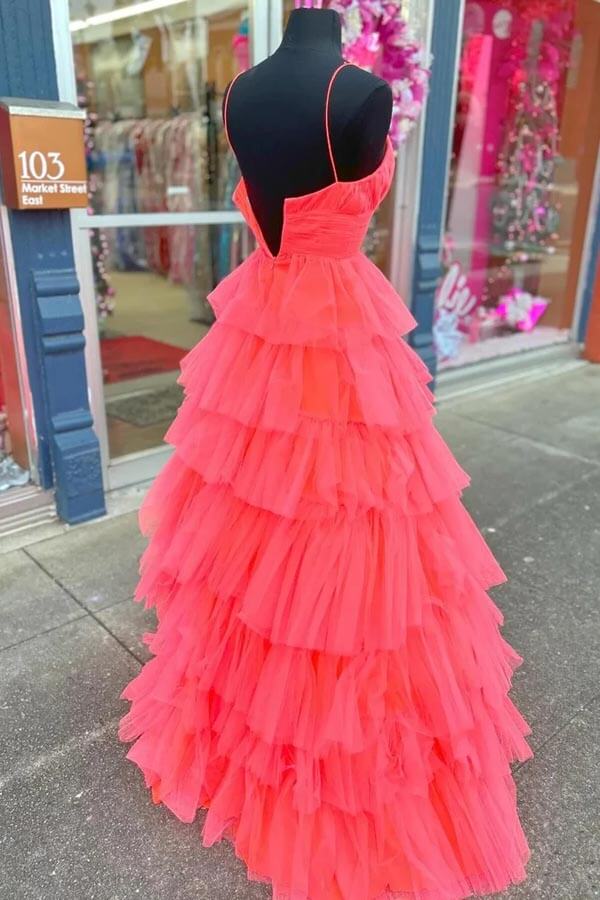 Tulle A-line V-neck Layers Long Prom Dresses, Evening Dresses - View 3 | VelvetHem