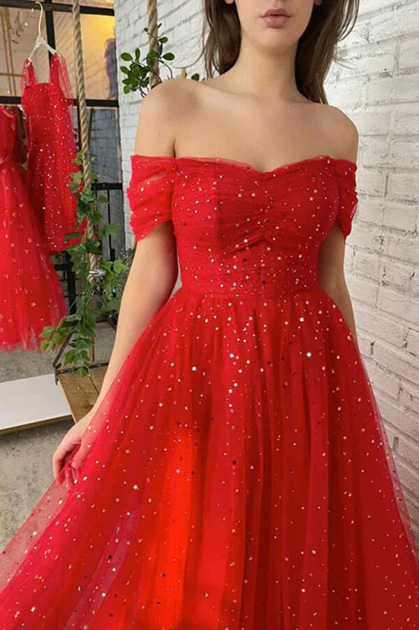 Tulle Off-the-Shoulder Long Prom Dresses, A-line Evening Gowns - View 3 | VelvetHem