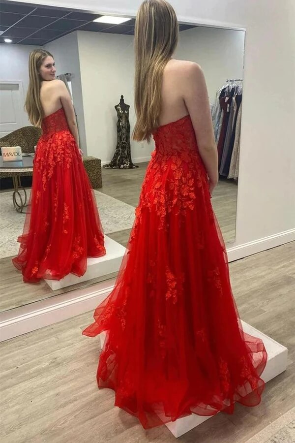 Tulle Strapless Long Prom Dresses, Evening Gown With Lace Appliques - View 2 | VelvetHem