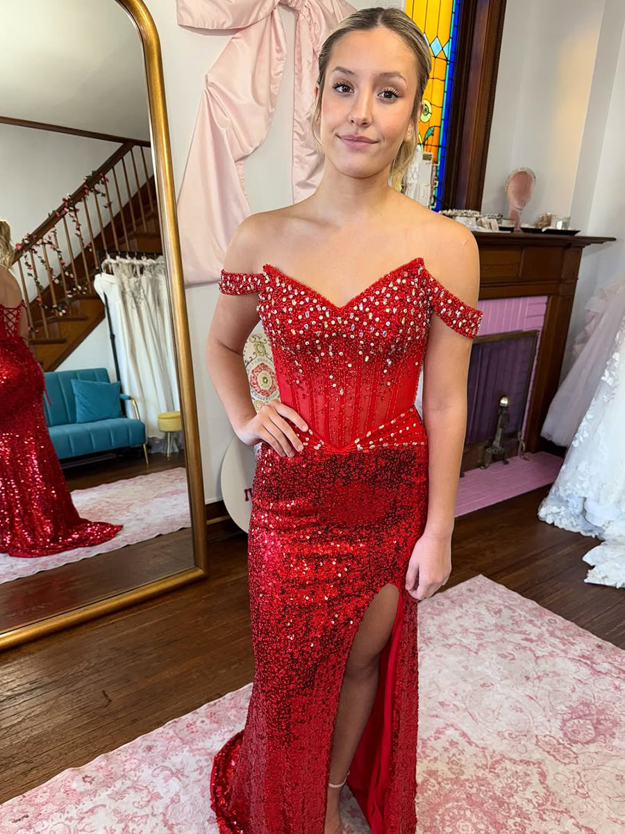 Red Velvet Off-the-Shoulder Prom Dress with Ruched Bodice - FashionDia
