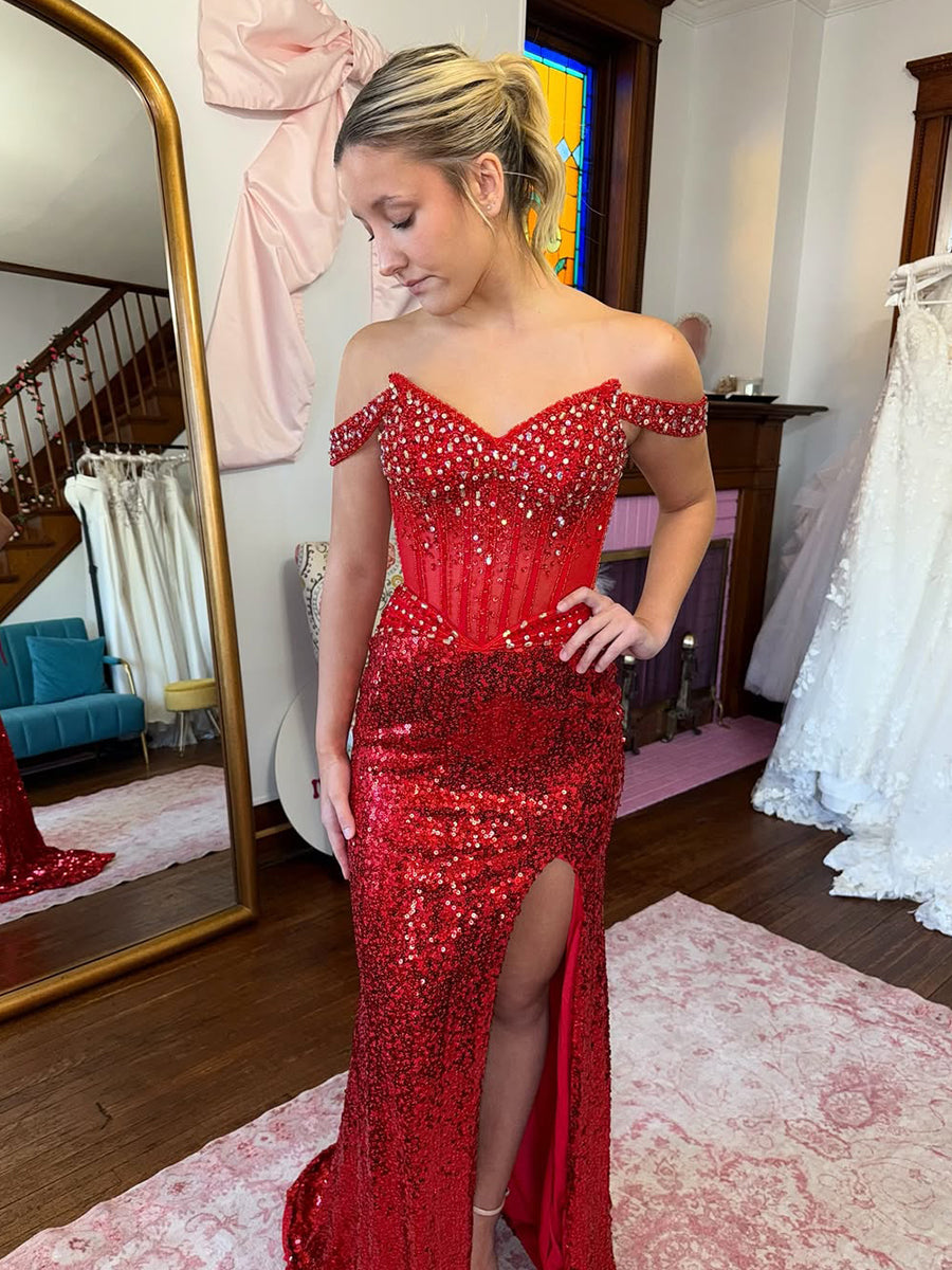 Red Velvet Off-the-Shoulder Prom Dress with Ruched Bodice - View 2 | FashionDia