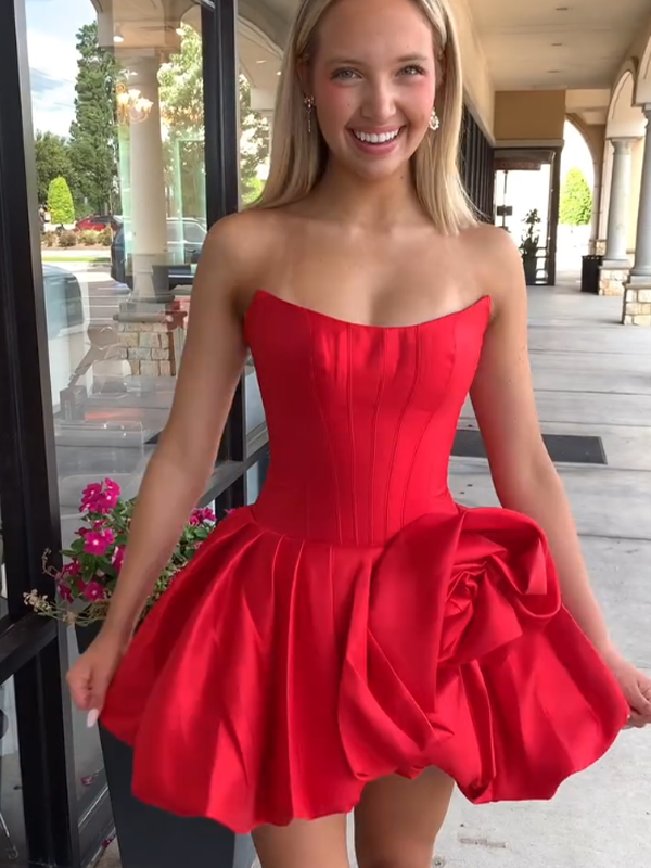 A-Line Bateau Strapless Satin Floral Homecoming Dress - FashionDia