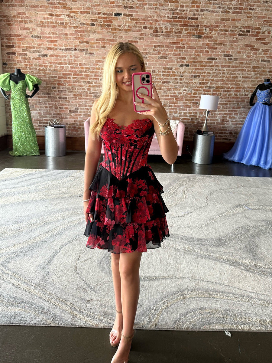 A Line Sweetheart Printed Short Homecoming Dress with Ruffles