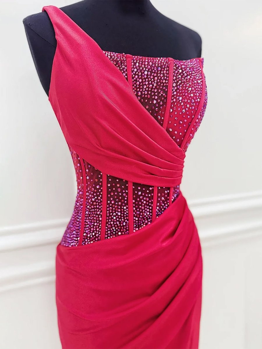 Bodycon One Shoulder Satin Short Homecoming Dresses with Slit