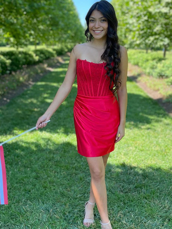 Bodycon Strapless Lace Top Short Satin Homecoming Dress - FashionDia