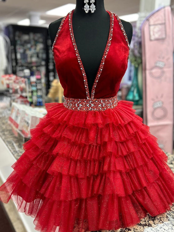 Halter Beaded Tiered Short Homecoming Dress - FashionDia