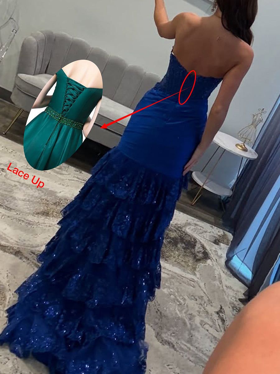 Red Mermaid Strapless Long Satin Prom Dress with Tiered Ruffle Skirt