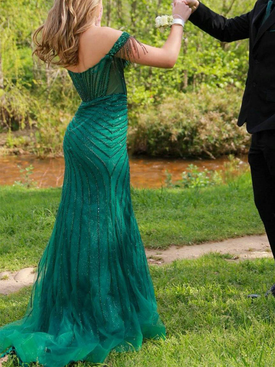 Off-the-Shoulder Beaded Tulle Long Prom Dress with Swirling Sequins