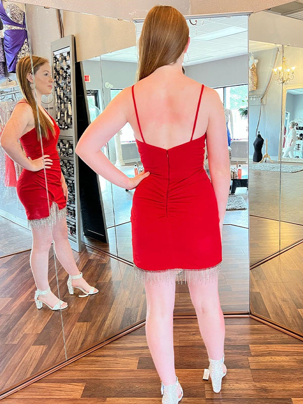 Spaghetti Straps Ruched Tassels Bodycon Short Homecoming Dress