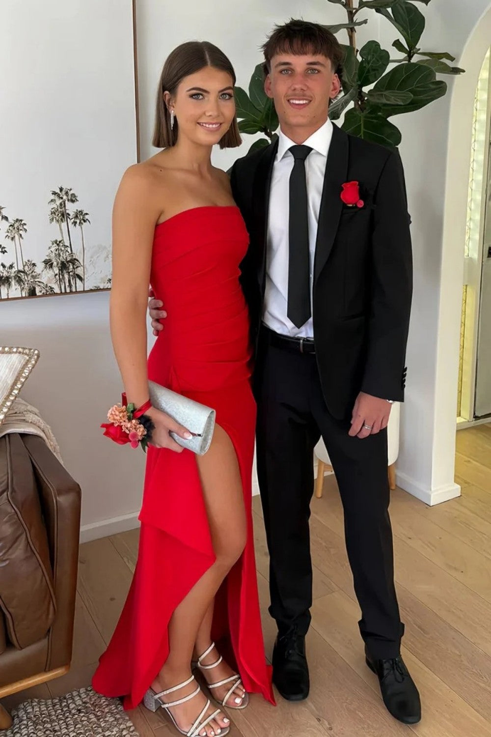 Stunning Sheath Strapless Pink Long Prom Dress with Split Front