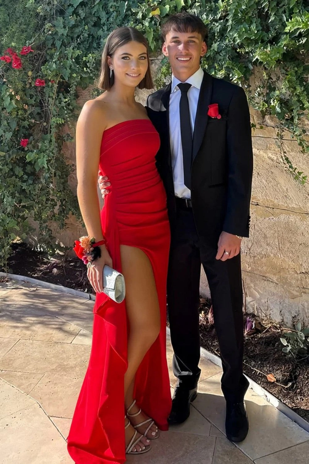 Stunning Sheath Strapless Pink Long Prom Dress with Split Front