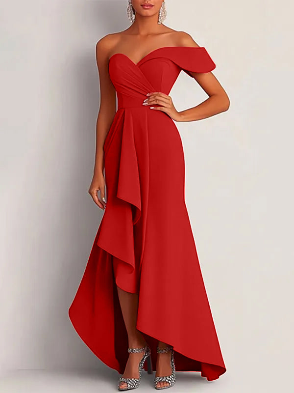 Formal Dress Red One-Shoulder Asymmetrical Floor-Length Gown - FashionDia