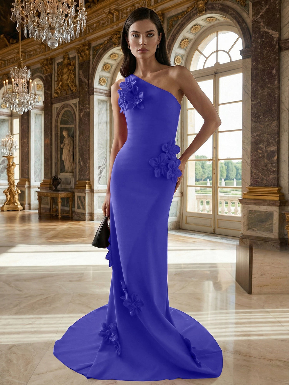 A-Line One-Shoulder Sleeveless Floor-Length Stretch Crepe Dress With 3D Flowers