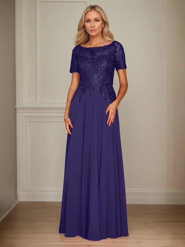 A-Line Chiffon Boat Neck Short Sleeves Floor-Length Mother of the Bride Dresses