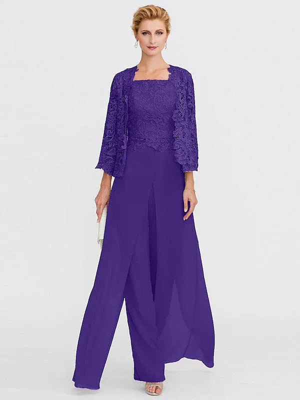 3 Piece Chiffon Square Neck Mother of the Bride Pantsuits with Jacket