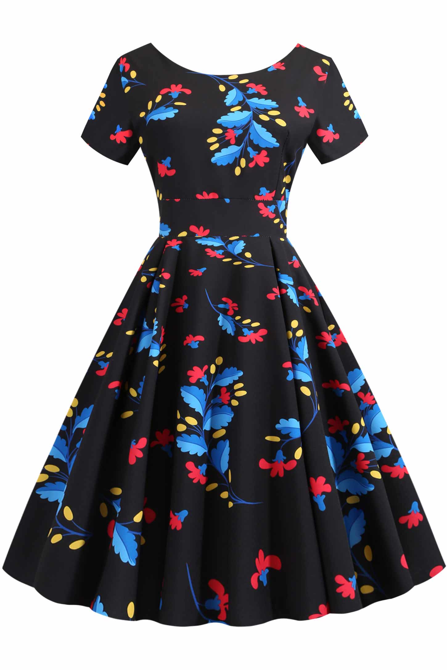 Retro Floral Print Scoop A-line Dress - Fashionpara