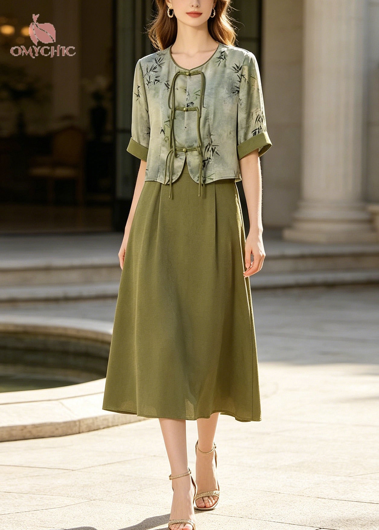 Retro Green Print Chinese Button Silk Dress Two Piece Set Summer