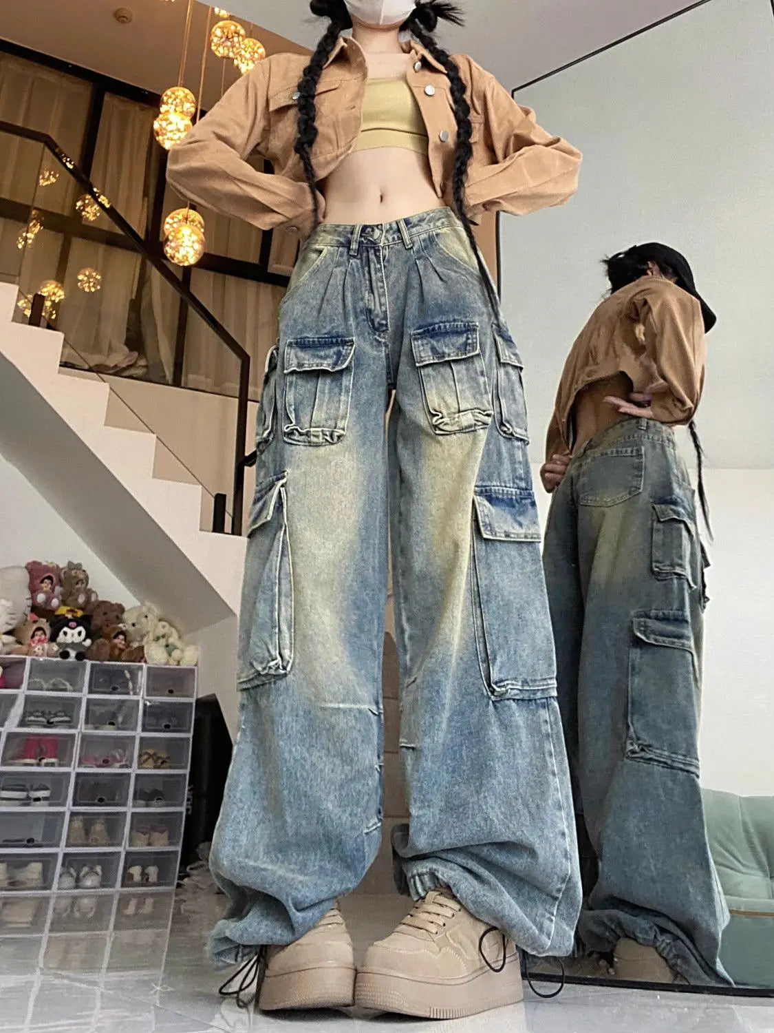 Retro Autumn Women's MultiPocket Design High Street Jeans