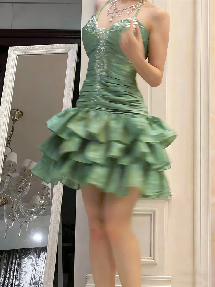 Retro Green Beaded Birthday Dress Ruffled Short Dress J11667