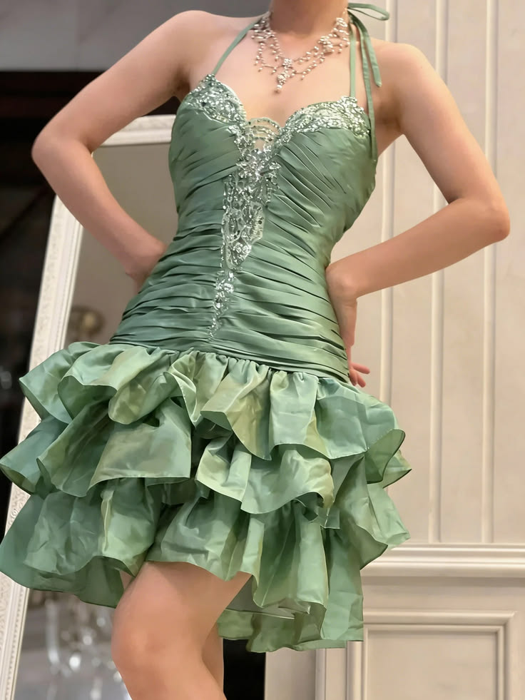 Retro Green Beaded Birthday Dress Ruffled Short Dress J11667