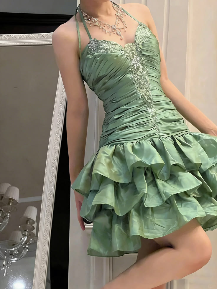 Retro Green Beaded Birthday Dress Ruffled Short Dress J11667