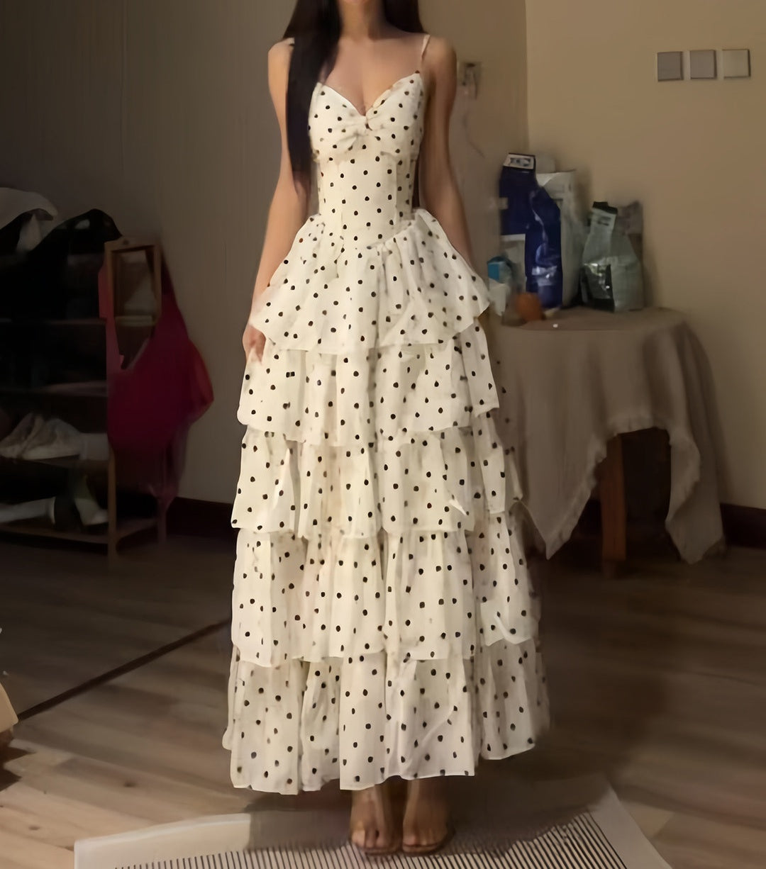 Retro Polka Dots A-Line Layered Prom Dress Chiffon Formal Dress