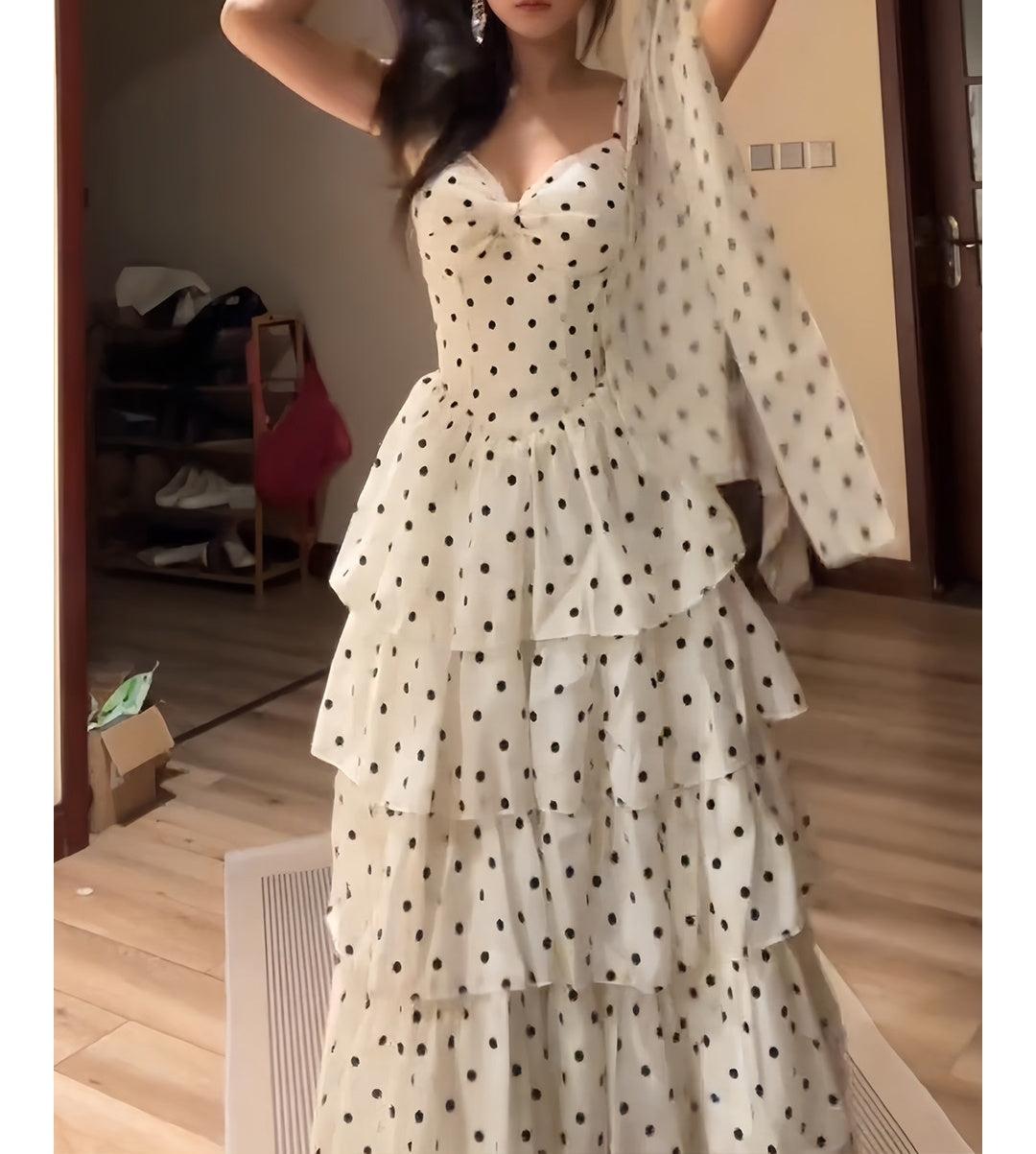 Retro Polka Dots A-Line Layered Prom Dress Chiffon Formal Dress