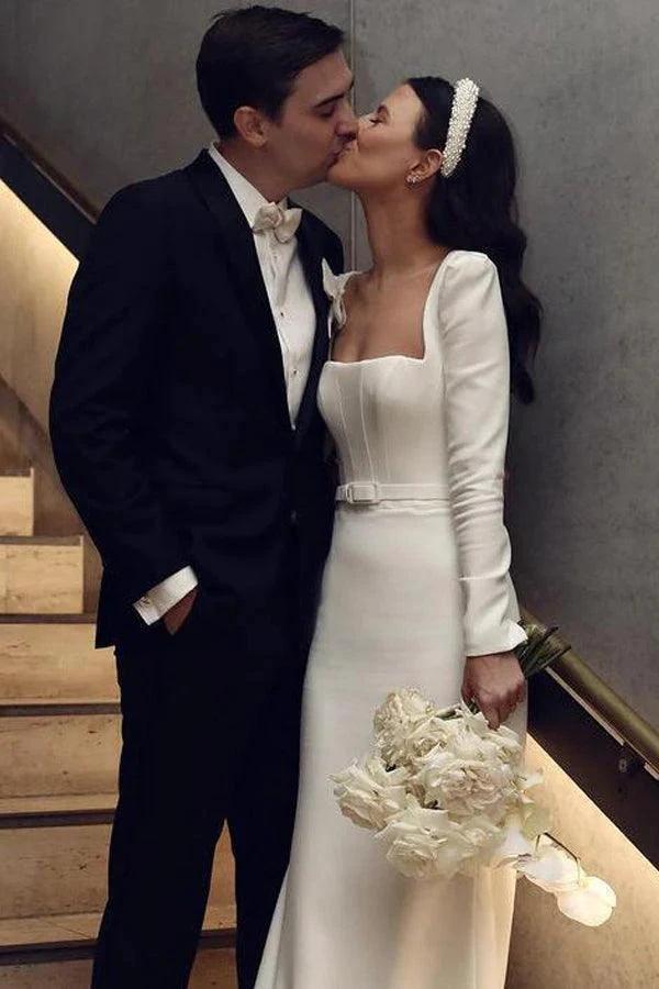Retro Satin Long Sleeves Sweep Train Sheath Wedding Dress Bridal Gown (ZD16190)