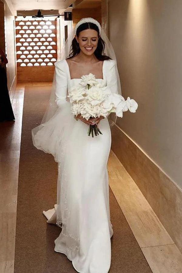 Retro Satin Long Sleeves Sweep Train Sheath Wedding Dress Bridal Gown (ZD16190)