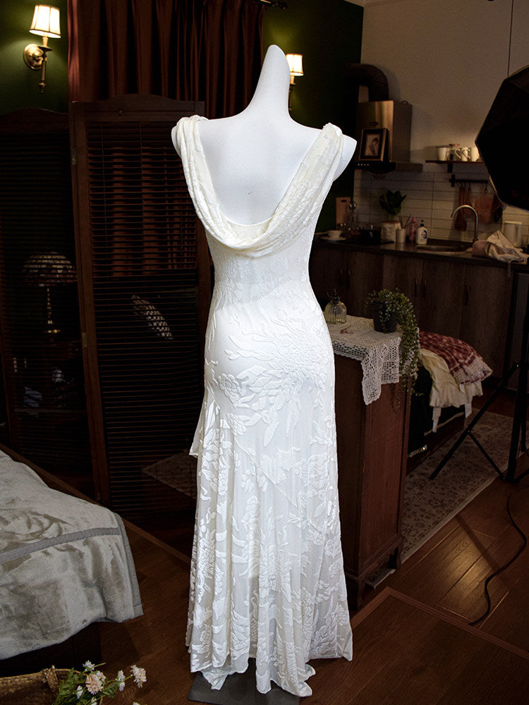 Retro White Mermaid Prom Dress Ruffled Birthday Dress L90