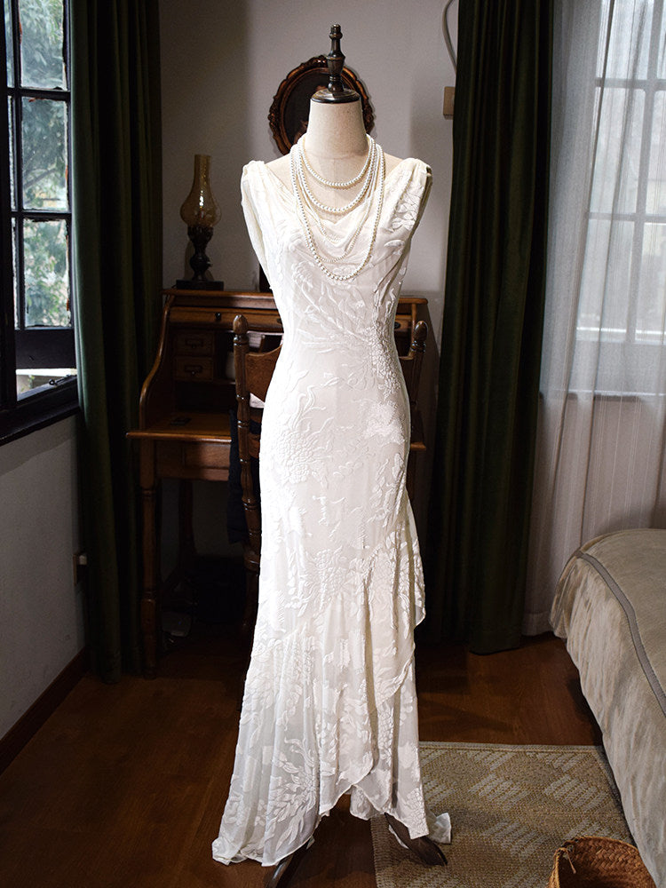 Retro White Mermaid Prom Dress Ruffled Birthday Dress L90