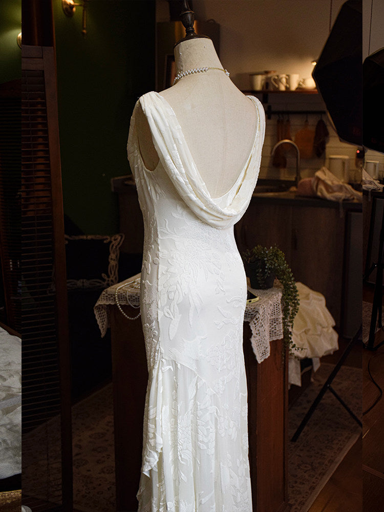 Retro White Mermaid Prom Dress Ruffled Birthday Dress L90