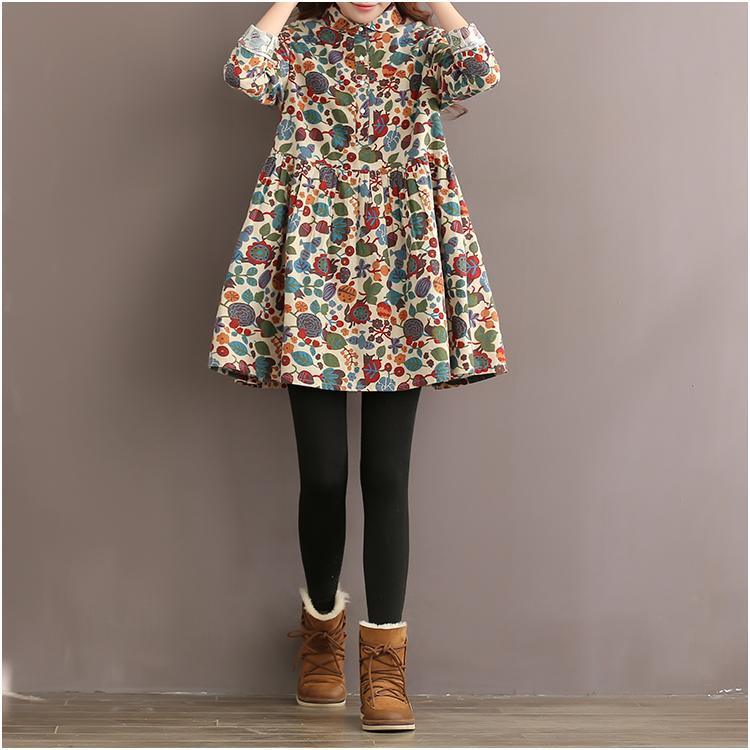 Retro floral cotton dress spring shirt dresses long sleeve pink