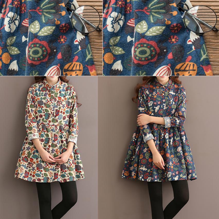 Retro floral cotton dress spring shirt dresses long sleeve pink