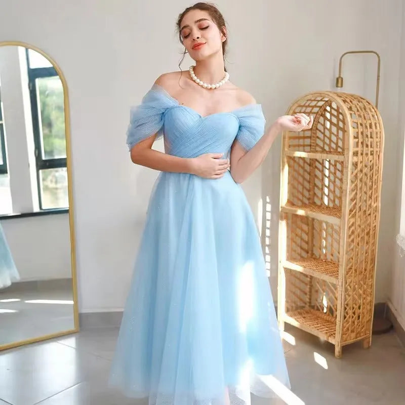 Hearty Sky Blue Tulle Prom Dresses Off The Shoulder A-Line Pleat Ruched Gowns Homecoming Dress Graduation Party