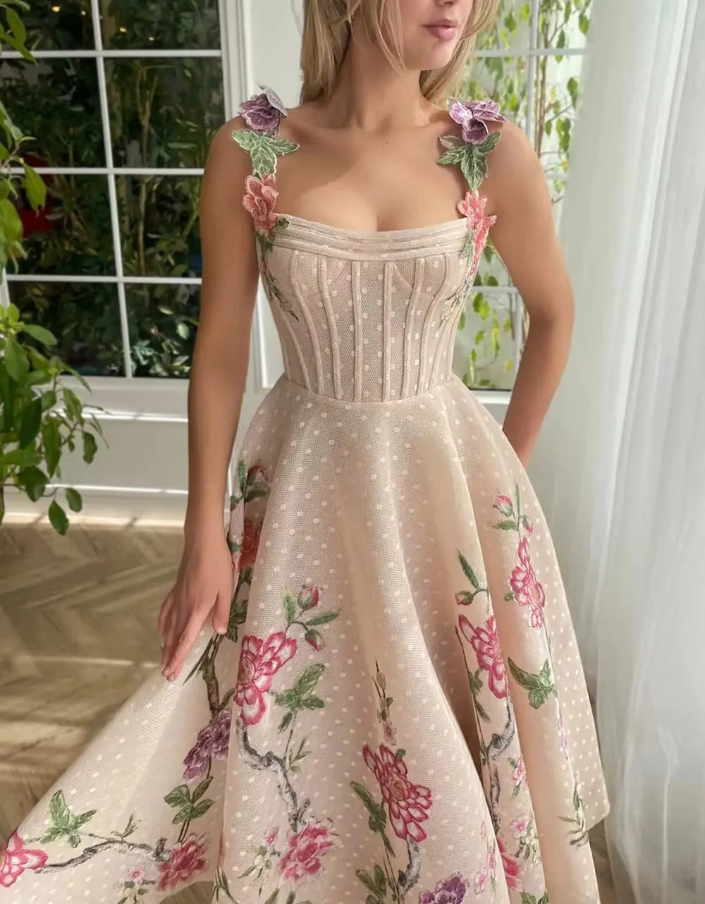 Elegant Prom Dress Spaghetti Strap 3D Flower Appliques Ruched Tea-Length Gowns Homecoming Dress Graduation Party