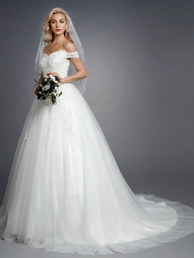 Romantic Ball Gown Wedding Dress Off Shoulder Lace Tulle Short Sleeve Sparkle & Shine Bridal Gowns with Court Train