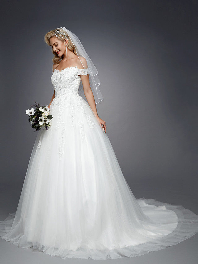 Romantic Ball Gown Wedding Dress Off Shoulder Lace Tulle Short Sleeve Sparkle & Shine Bridal Gowns with Court Train