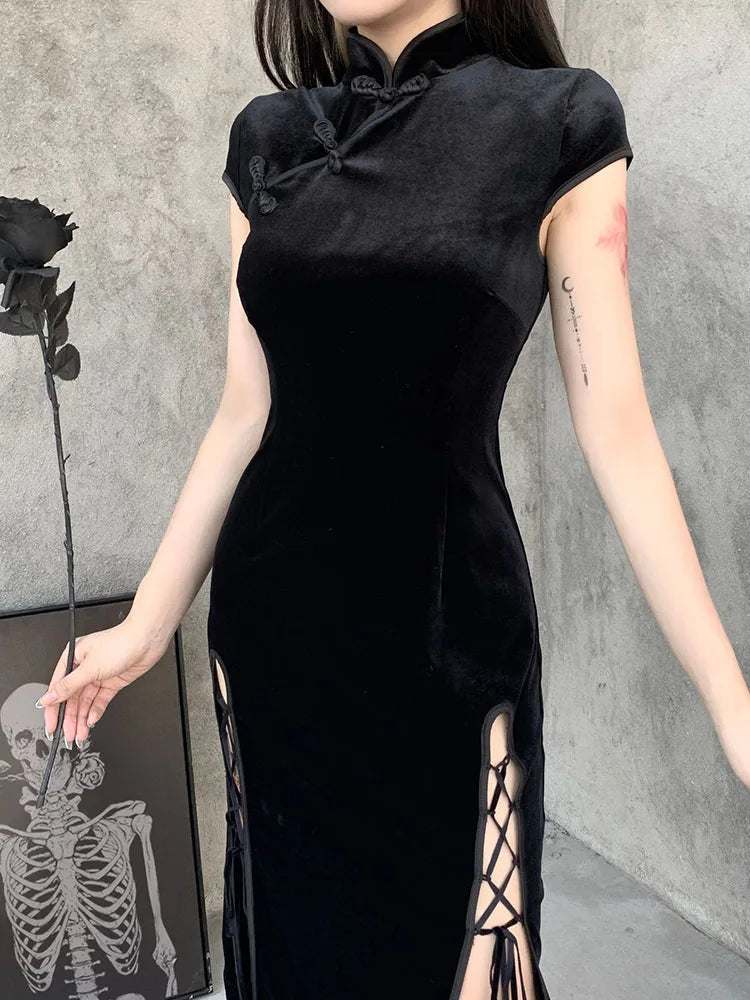 Gothic Velvet Slit Black Midi Dress - View 3 | VelvetHem