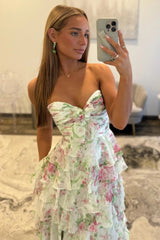 Gorgeous A Line Sweetheart Ivory Floral Printed Long Prom Dress with Ruffles