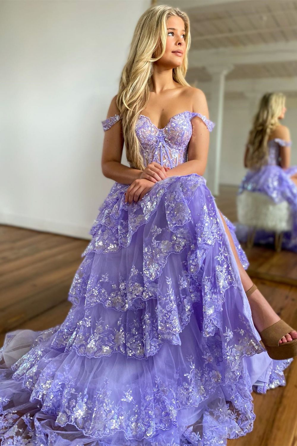 Sparkly Black Off The Shoulder Long Tiered Corset Prom Dress With Sequin