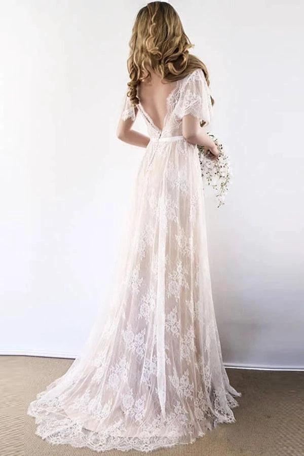 Romantic A-line White Lace Long Wedding Dress with Open Back (ZD16293) - VelvetHem