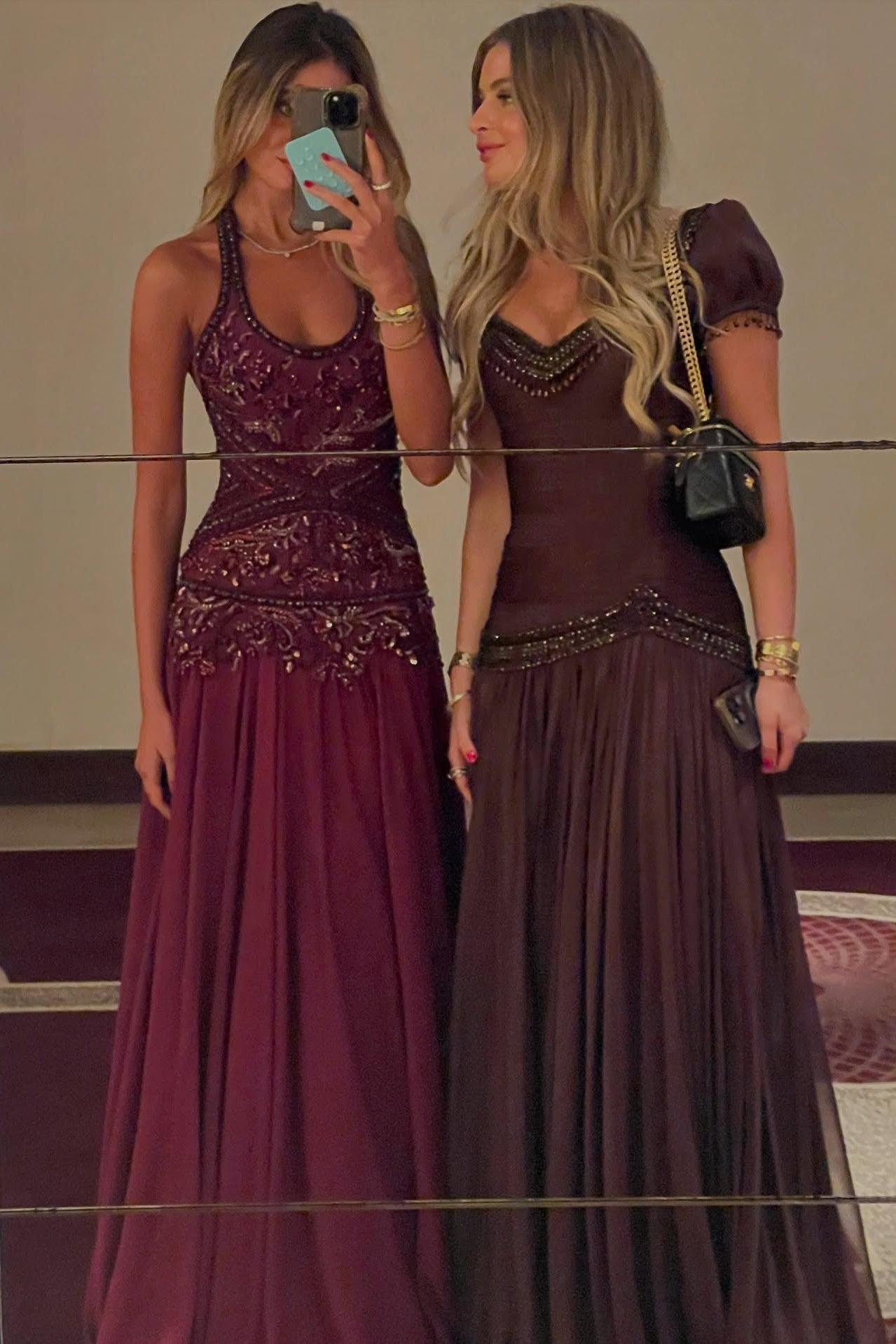 Gorgeous A Line Halter Neck Burgundy Long Party Dress with Beading Ruffles