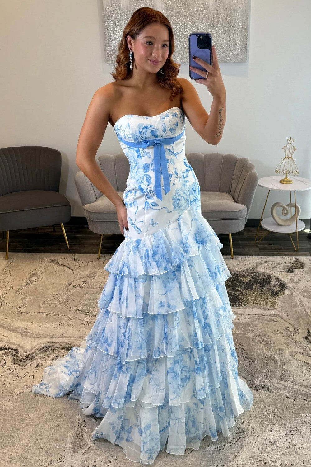 Charming Mermaid Strapless Blue Floral Printed Long Prom Dress with Layered Ruffle