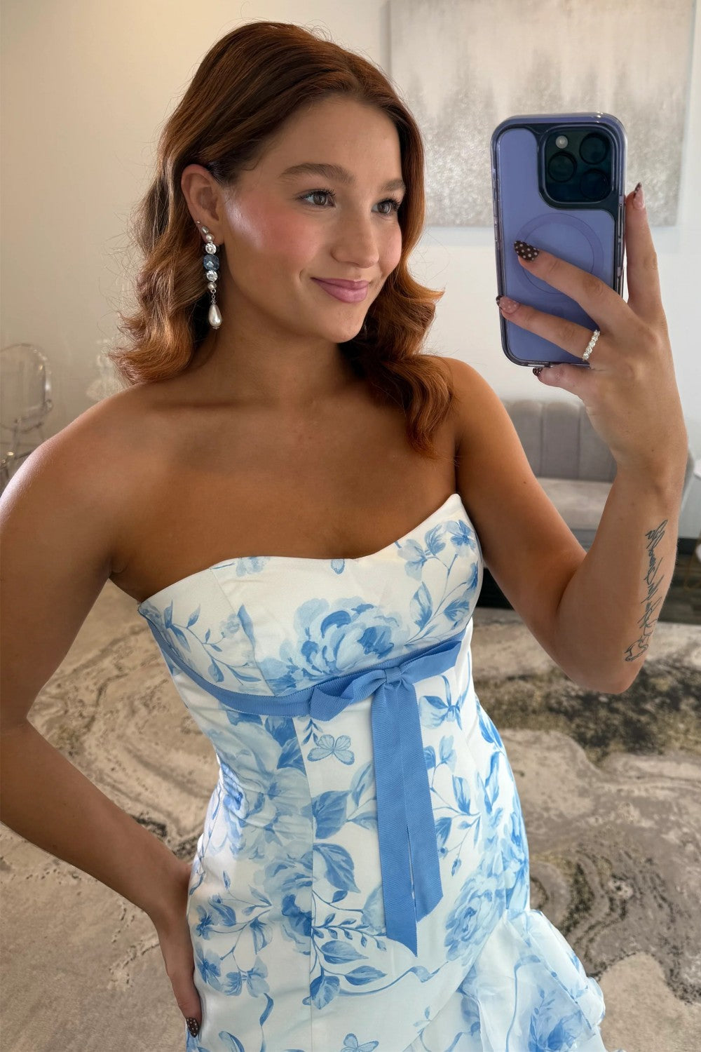 Charming Mermaid Strapless Blue Floral Printed Long Prom Dress with Layered Ruffle