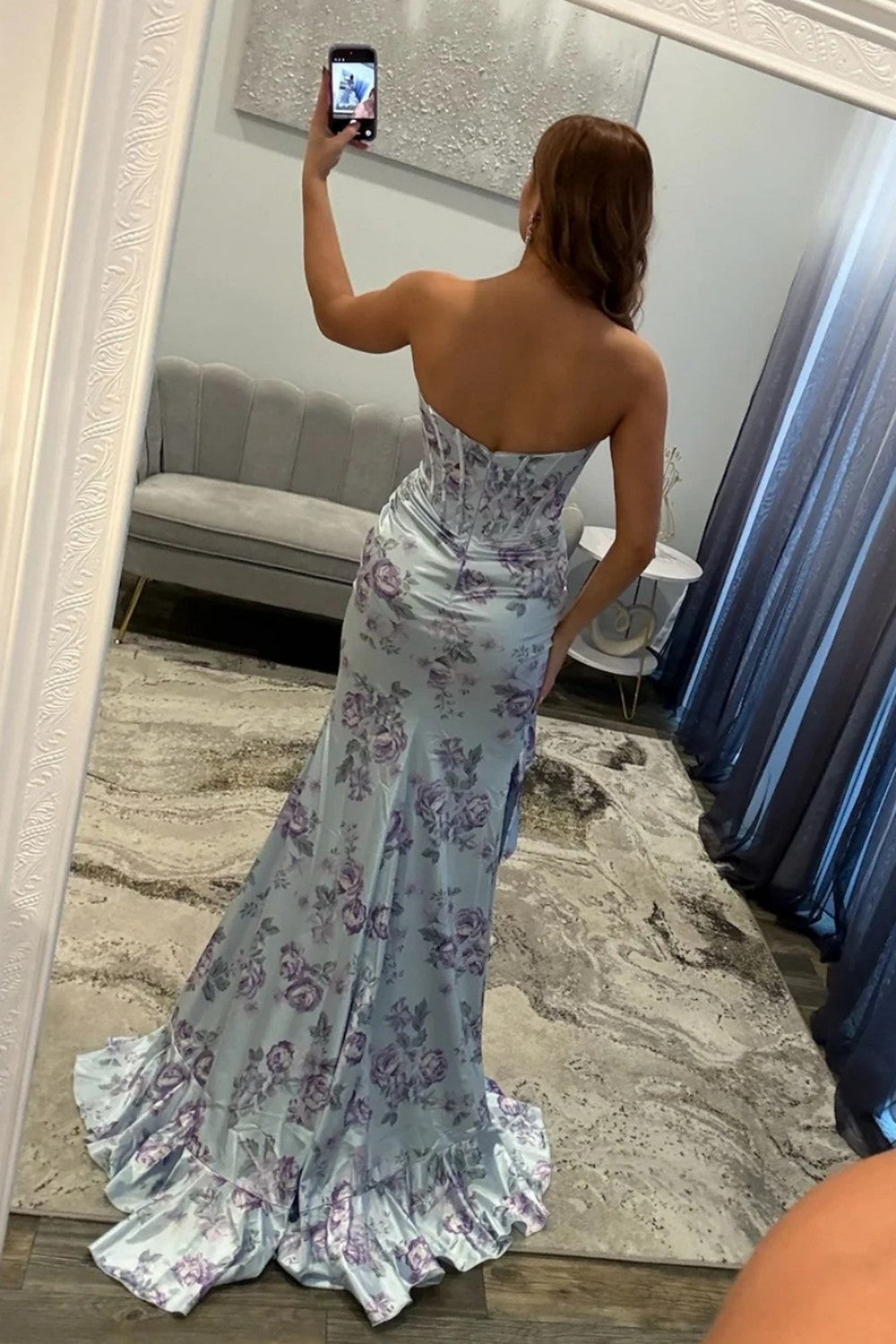 Glamorous Mermaid Sweetheart Light Blue Floral Printed Corset Prom Dress with Ruffles