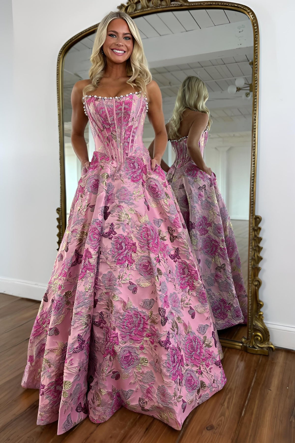 Stunning A Line Strapless Purple Floral Printed Long Prom Dress with Pearls - View 3 | FashionDia