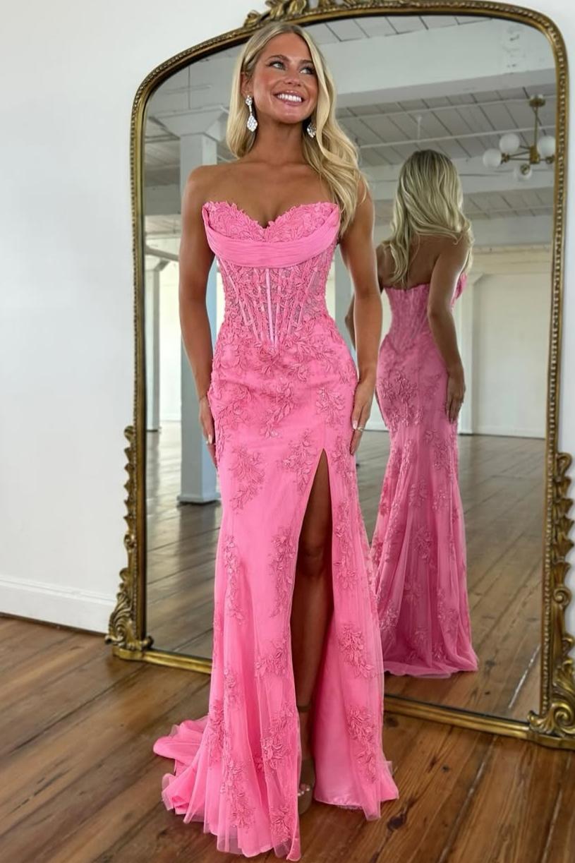 Charming Mermaid Sweetheart Yellow Corset Prom Dress with Appliques - View 3 | FashionDia