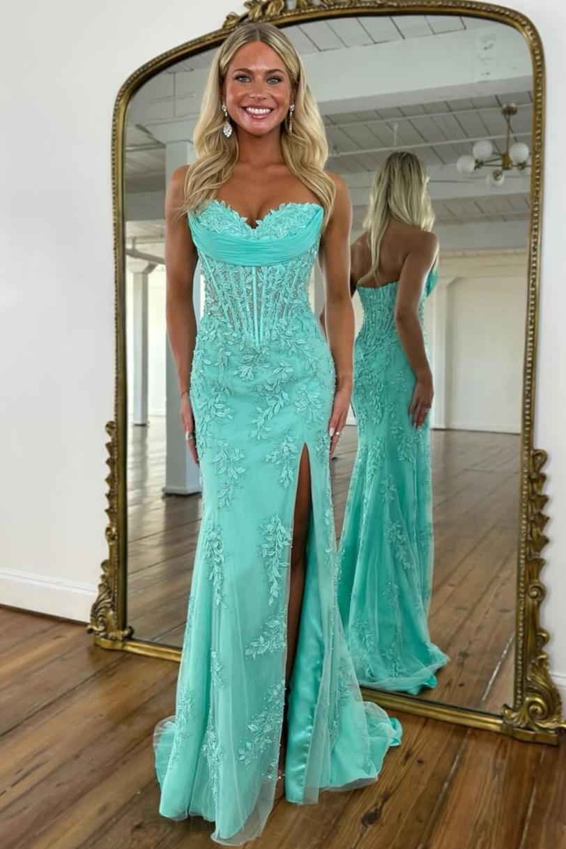 Charming Mermaid Sweetheart Yellow Corset Prom Dress with Appliques - View 9 | FashionDia