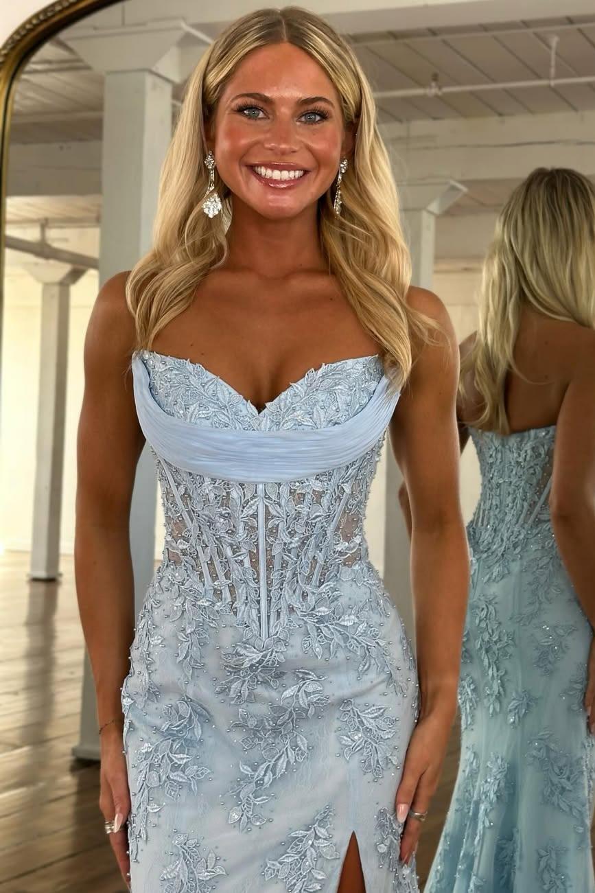 Charming Mermaid Sweetheart Yellow Corset Prom Dress with Appliques - View 8 | FashionDia